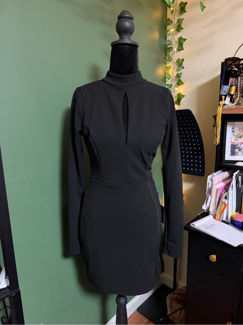 Lulu's Black Long-Sleeve Mock Neck Dress with Front Keyhole